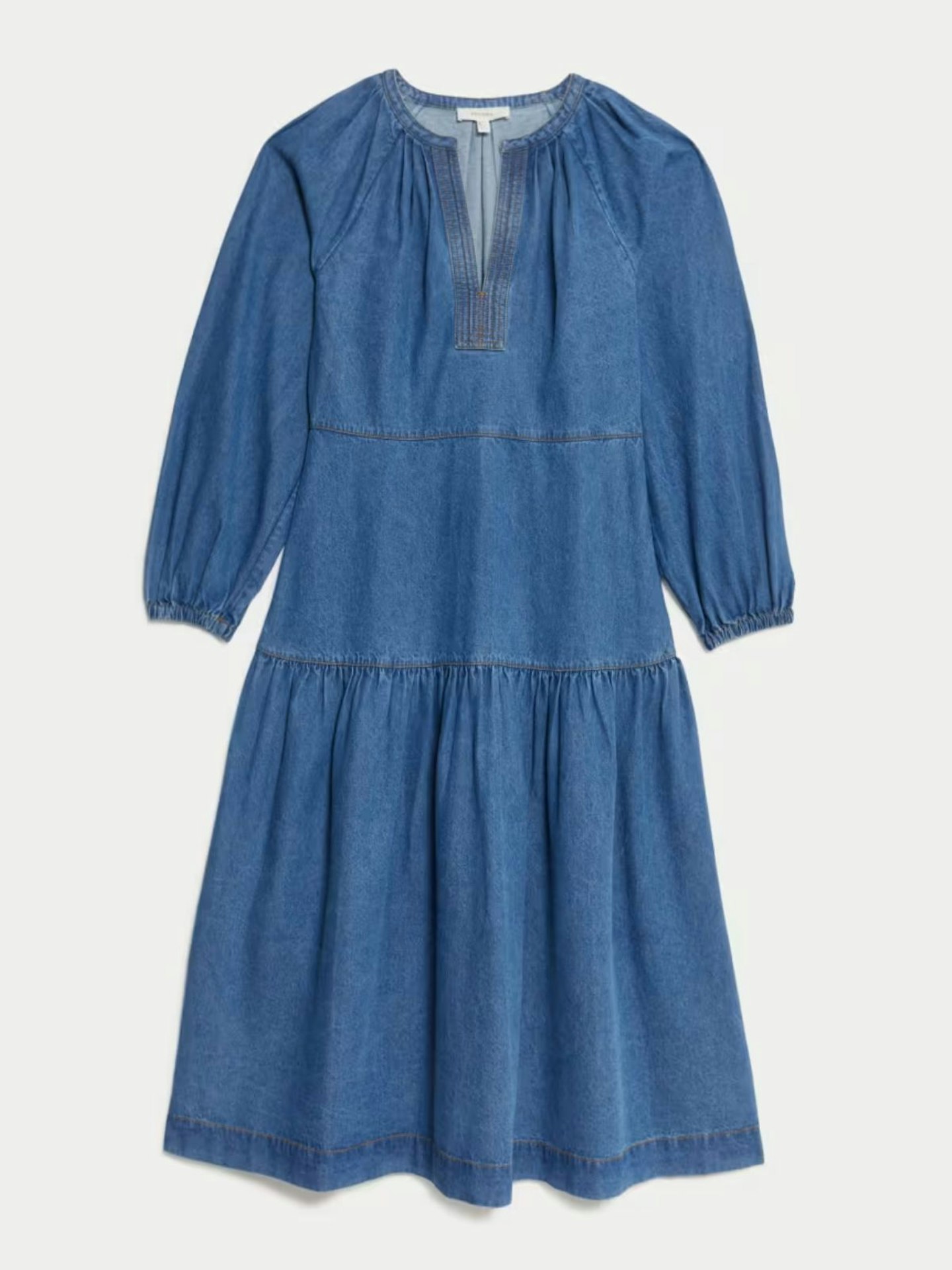 Denim V-Neck Midi Tiered Waisted Dress
