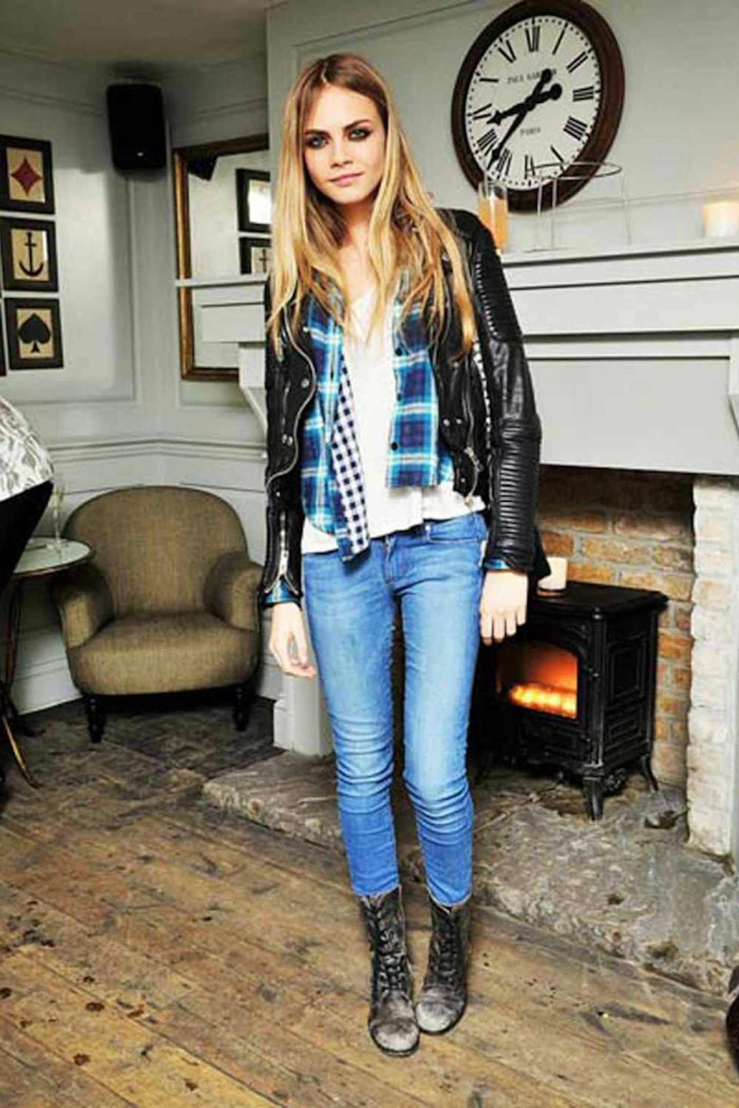 Cara Delevingne style checkered shirt leather jacket