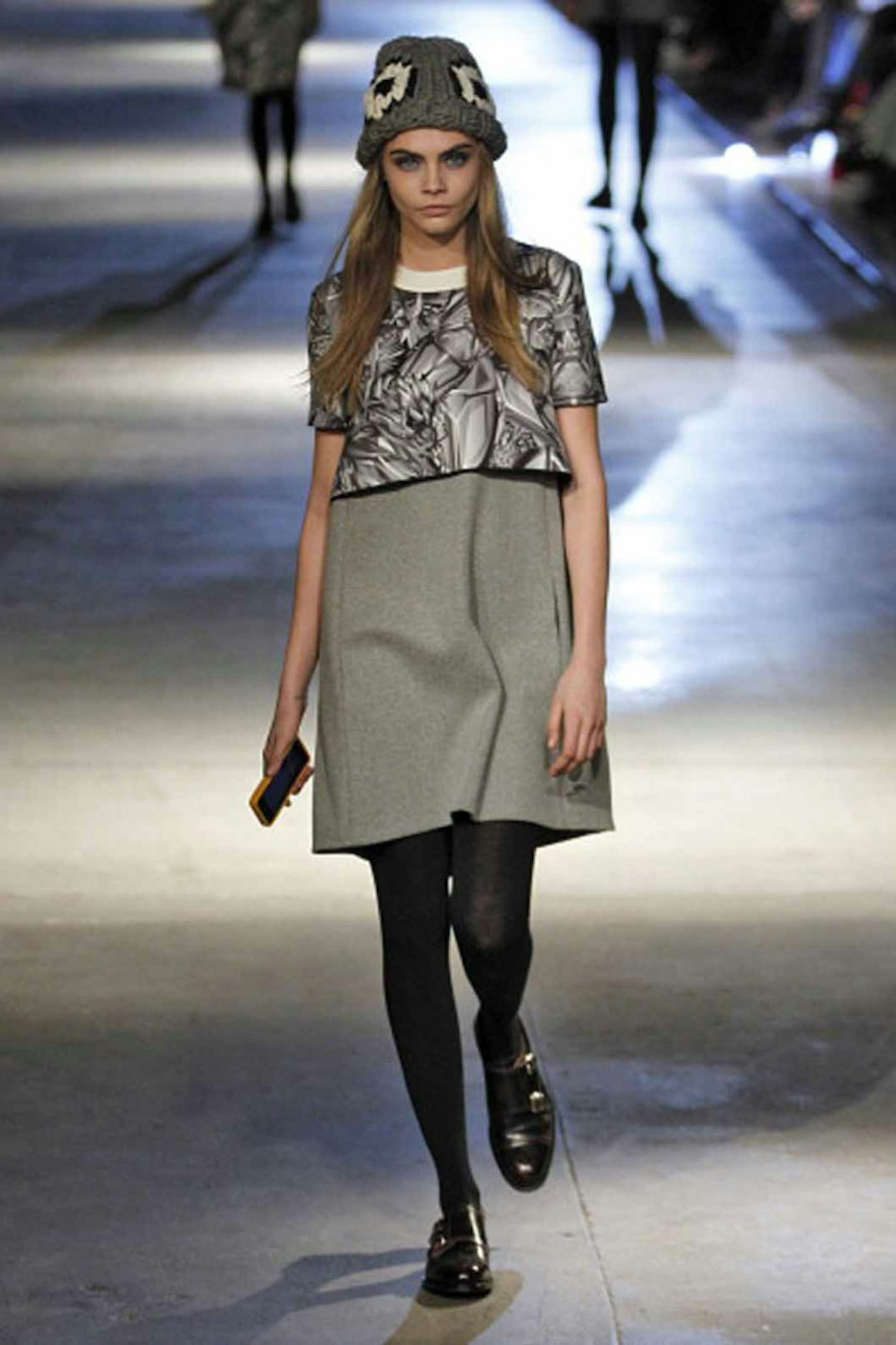 Cara Delevingne style beanie hat grey dress